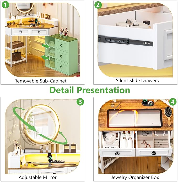 Corner Vanity Desk with Lighted Rotating Mirror and Lights, Glass Top Makeup Vanity with Corner Shelf&5 Drawers, Girls Vanitys with Charging Station,Jewelry Organizers for Bedroom,White