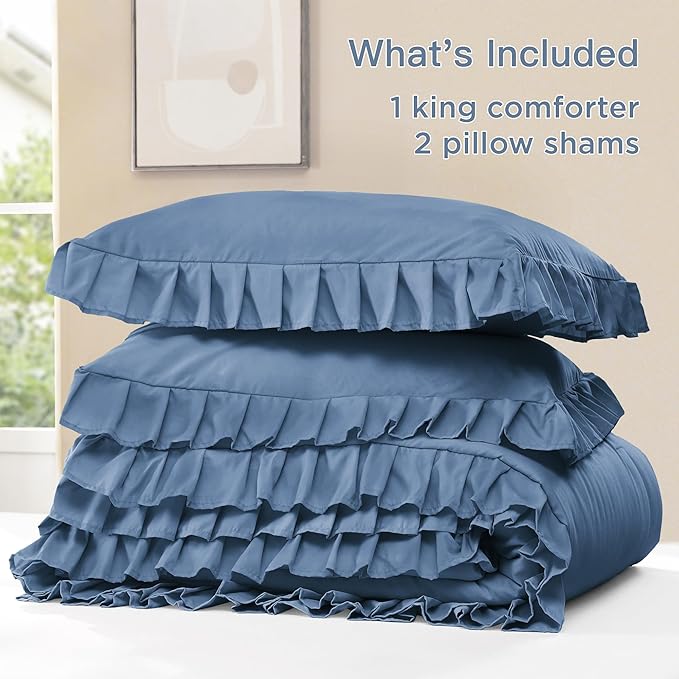Litanika Ocean Blue Queen Comforter Set, 3 Pieces Ruffle Farmhouse Aesthetic Bedding Comforter Set, All Season Soft Lightweight Fluffy Microfiber Bed Set(90x90In Comforter, 2 Pillowcases)