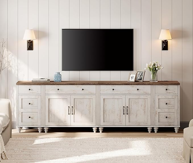 WAMPAT Farmhouse TV Stand for 100 Inch TV, 4-in-1 TV Console Table for 75/80/85/90 Inch TV, Entertainment Center with Charging Station, Kitchen Sideboard Buffet Cabinet for Dining Room, Rustic White