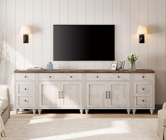 WAMPAT Farmhouse TV Stand for 100 Inch TV, 4-in-1 TV Console Table for 75/80/85/90 Inch TV, Entertainment Center with Charging Station, Kitchen Sideboard Buffet Cabinet for Dining Room, Rustic White