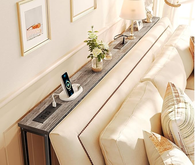SUPERJARE 5.9 Inch Narrow Console Table with Outlet, Sofa Table Set of 2, Total Length 78'', Behind Couch Table, Long Entryway Tables with Charging Station, for Living Room, Charcoal Gray
