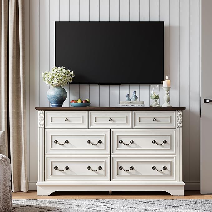 White Dresser for Bedroom, Modern 7 Chest of Drawers, 54" Wide Chest of Drawers w/Carved Pilasters, Wood Closet Organizers and Storage Cabinet for Bedroom, Living Room, Hallway