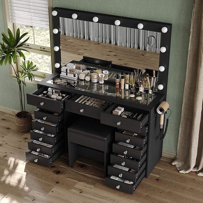 15 Drawers Makeup Vanity with Charging Station, Vanity Desk with 12 LED Bulbs and HD Mirror, 3 Color Brightness Adjustable, Vanity Set for Bedroom, Black
