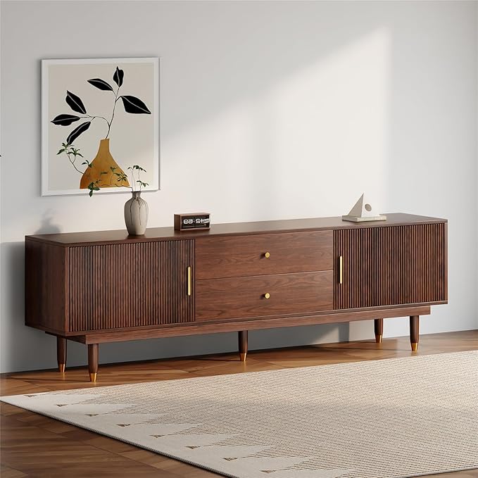 Mid Century Modern TV Stand for 75 inch TV, 70.9" Walnut TV Console with 2 Storage Cabinet & 2 Drawers, Entertainment Center, Media Console for Living Room/Bedroom