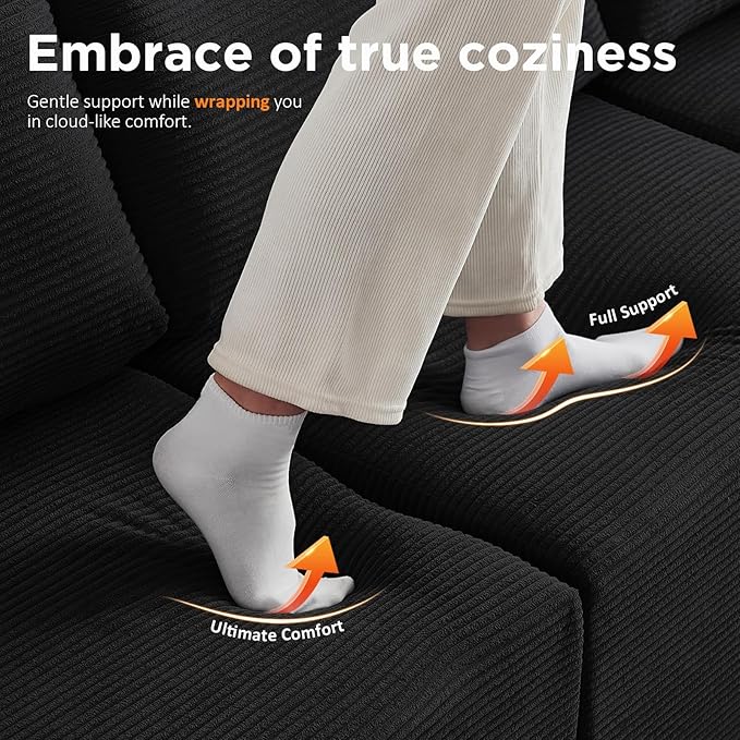 INGEROOM 108" Cloud Sectional Couch, Modular Sectional Sofa with L-Shaped Chaise, Modern Plush Corduroy Couch for Living Room Bedroom（Black）