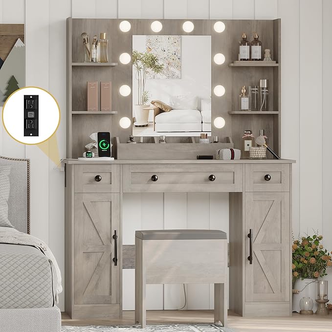 Vanity Makeup Desk with Mirror and Lights, Farmhouse Vanity Table Set with Storage Drawers, Charging Station & Chair, 43" Large Rustic Dressing Table, 3 Lighting Modes for Women Girls Bedroom, Grey
