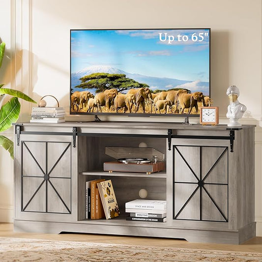 Farmhouse TV Stand for 55 60 65 Inch TV, Mid Century Modern TV Cabinet with Storage and Sliding Barn Doors, Easy Assembly, Entertainment Center Console Table for Bedroom Living Room -Wood Gray