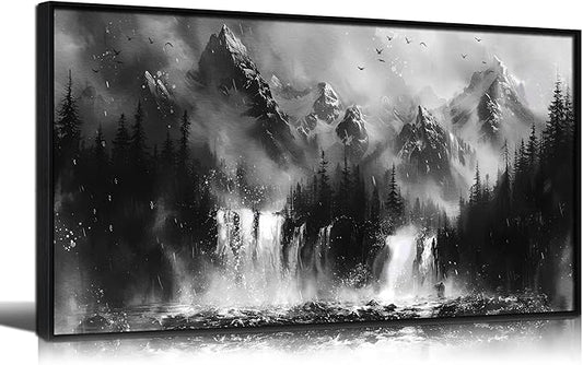 Foggy Forest Wall Art for Living Room - Black and White Art Wall Decor for Office - Framed Artwork for Walls Size 20" x 40"