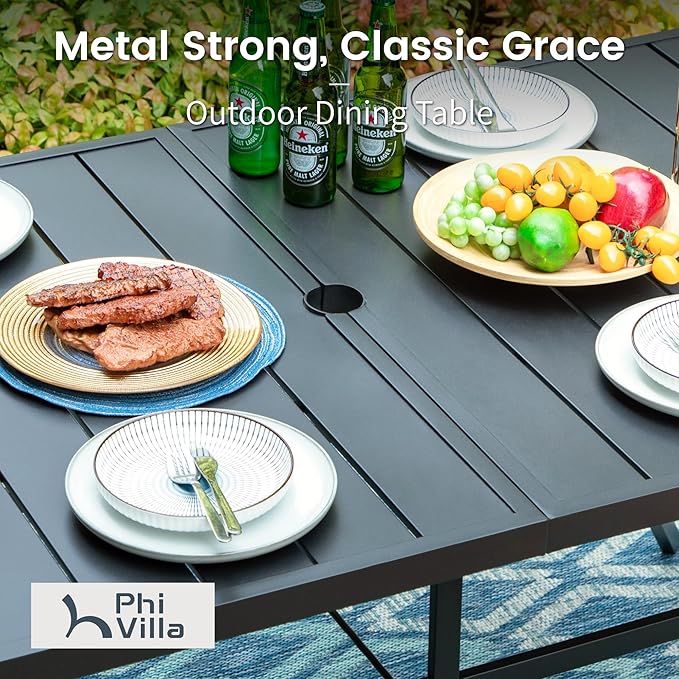 PHI VILLA 7 Piece Outdoor Dining Set for 6, 60” Rectangular Metal Dining Table with Umbrella Hole & 6 Steel Chairs for Patio, Deck, Yard
