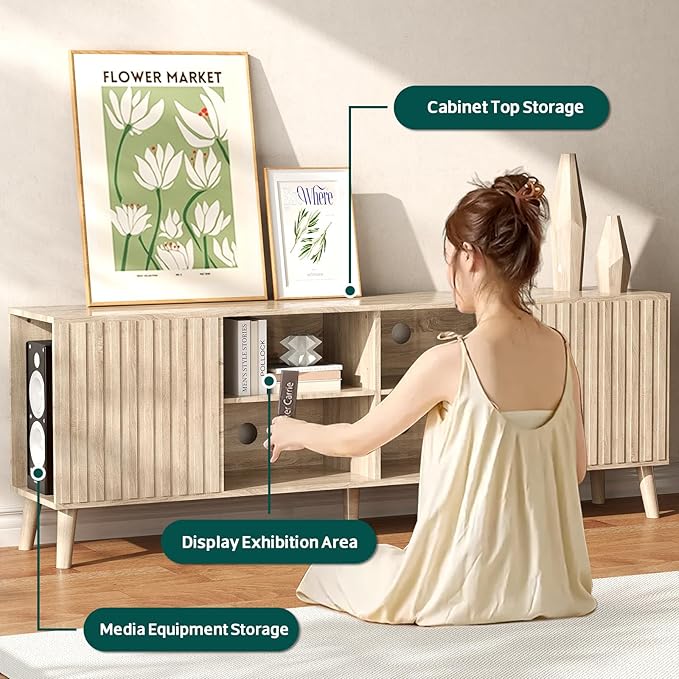 Mid-Century Modern TV-Stand - Fluted TV Stand for 80 75 65Inch TV, Entertainment Center with Storage, Media Console with Adjustable Shelves for Living Room, Oak