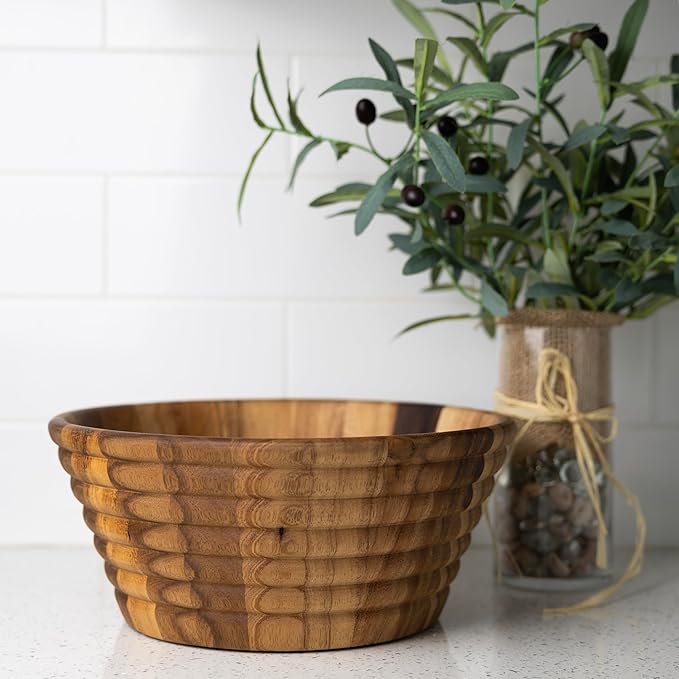 Ironwood Gourmet Acacia Wood Beehive Salad Bowl, Large 12" Fruit and Salad Serving Bowl