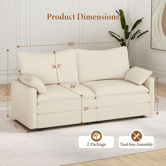 Vesgantti 74" Loveseat Sofa for Living Room, Comfy Cloud Couch Deep Seat Chenille Modern 2 Seater Small Sofa with Armrest Pillow, Easy Assembly for Small Spaces, Beige