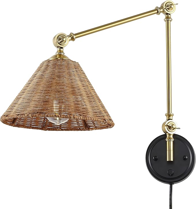 WINGBO Wall Sconce Rattan Wrapped Wall Lamp, Adjustable Swing Arm Wall Light Foldable Gold Light Fixture Vintage Bedside Light Wicker Handmade Shade Reading Light Plug in or Hardwire Gold/Black