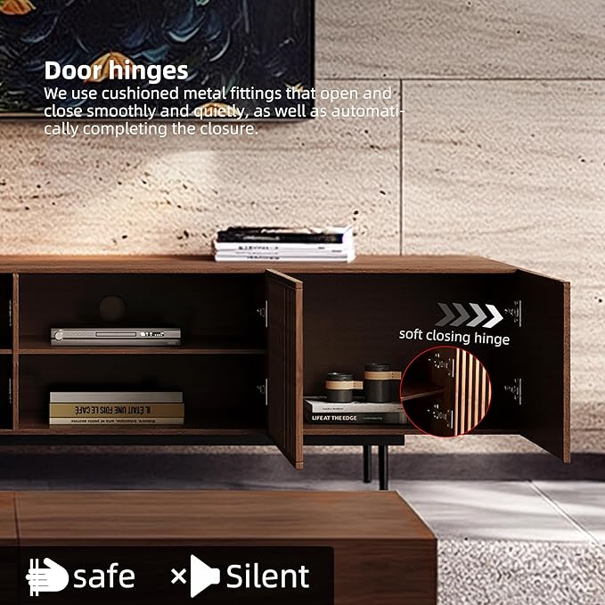 Mid Century Modern TV Stand with 4 Doors, 70.87 Inch Wide Entertainment Center TV Console for Living Room Bedroom, Media Console TV Cabinet with Storage Walnut