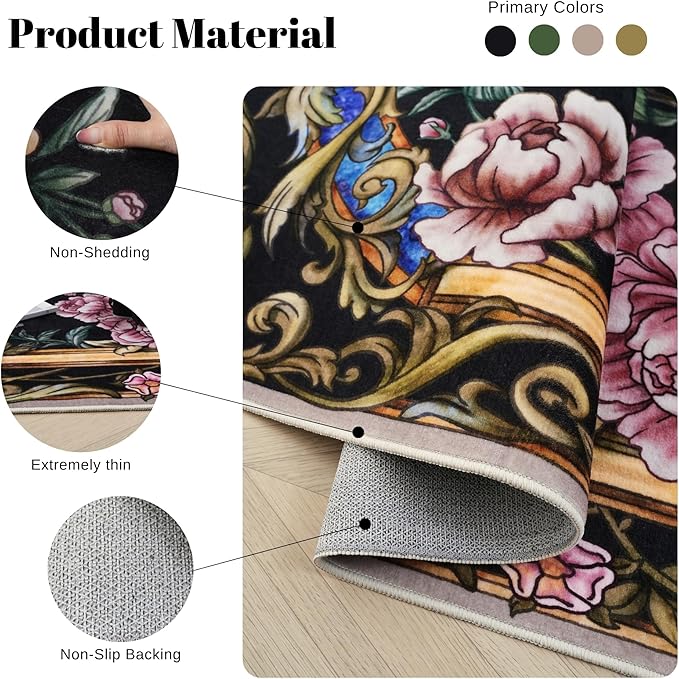 Bedroom Rug 3x5 Rug Washable Area Rug Low Pile Floral Peacock Animal Small Carpet for Bedroom, Bedside, Kitchen, Entryway, Kids Room, Office, College Dorm(Black)