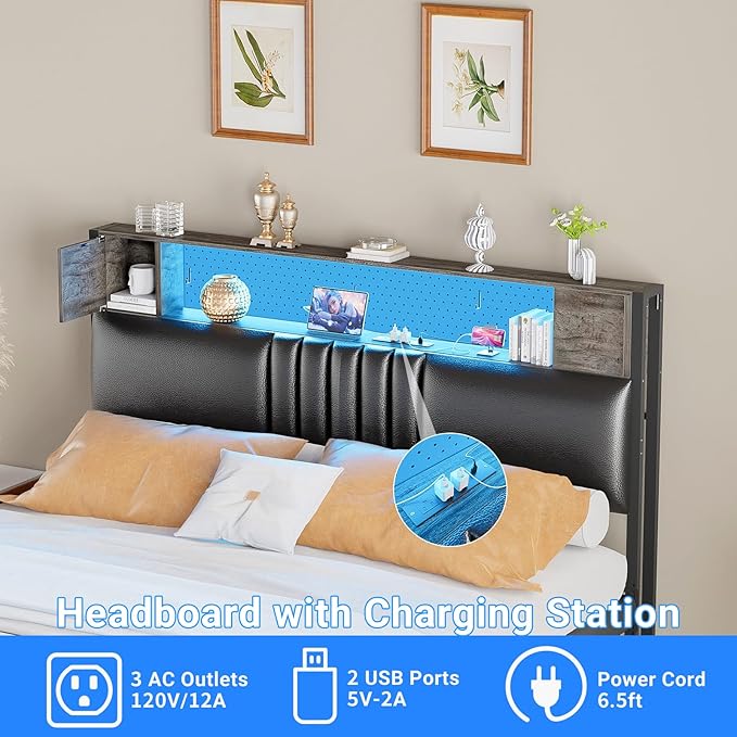 Unikito Headboard for Full Size Bed with Storage and Cabinet, Black Upholstered Headboards with Outlets, USB Ports, and DIY Color of LED Light, Full Head Board Only, Comfortable Headboard,Black Oak