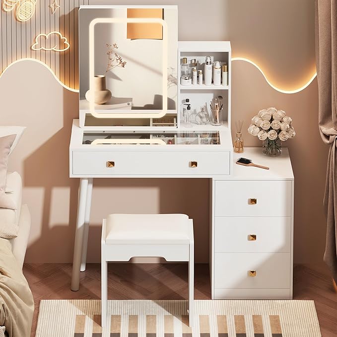 KAMABOKO Vanity Desk with Sliding Mirror and Lights, Makeup Vanity Table with 4 Drawers and Storage Rack, Glass Transparent Top Makeup Vanity with Stool for Bedroom (White)