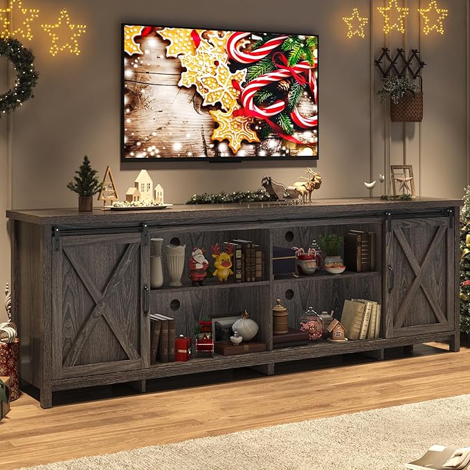 Farmhouse TV Stand for 90 Inch TV with Sliding Barn Door, Rustic Wood Entertainment Center Large Media Console Cabinet Long Television Stands,Console Table and Media Furniture for Living Room(Grey)