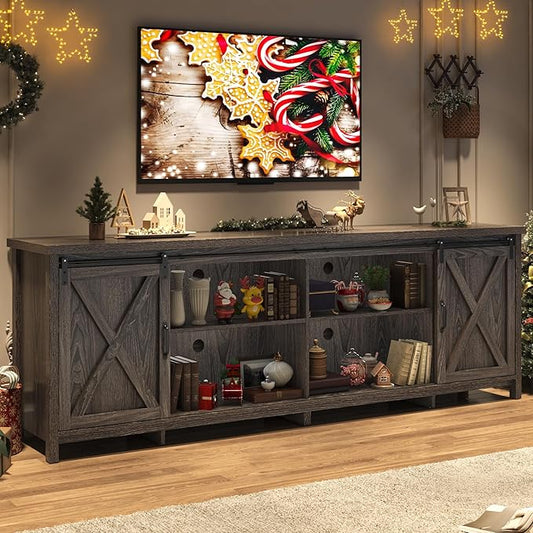 Farmhouse TV Stand for 90 Inch TV with Sliding Barn Door, Rustic Wood Entertainment Center Large Media Console Cabinet Long Television Stands,Console Table and Media Furniture for Living Room(Grey)