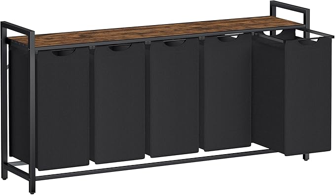 VASAGLE Laundry Hamper, Laundry Basket, Laundry Sorter with 5 Pull-Out and Removable Bags, Shelf, Metal Frame, 5 x 10.6 Gallons (40 L), 56.5 x 13 x 28.4 Inches, Ink Black and Rustic Brown UBLH501B01