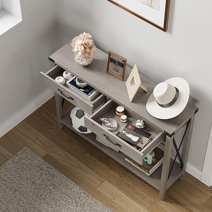 43” Entryway Table with Drawers, Narrow Console Sofa Table with Storage & Shelves, Farmhouse Entryway Console Table for Hallway, Living Room - Grey