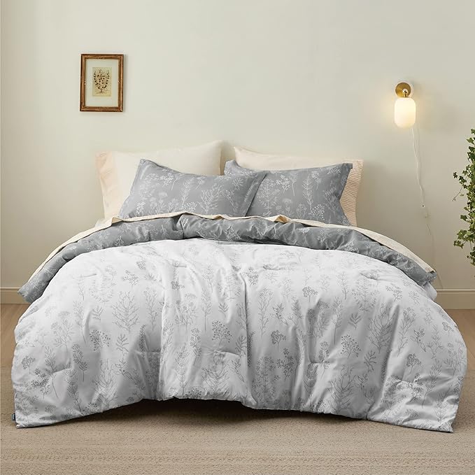 Bedsure California King Comforter Set - Grey Bed Set, 3 Pieces Cute Floral Bedding, 1 Soft Reversible Botanical Flowers Comforter and 2 Pillow Shams