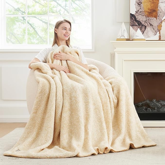 Cozy Bliss Ultra Soft Reversible Double Sherpa Sided Blanket, Fluffy Thick Warm Plush Fuzzy Blanket for Couch, Bed and Gifts (Mottled Beige, 50" x 60")