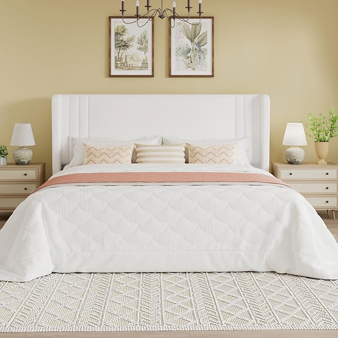 SHA CERLIN King Size Velvet Upholstered Platform Bed Frame with Vertical Channel Tufted Wingback Headboard, Wooden Slats Support, Easy Assembly, Under Bed Storage, No Box Spring Required, White