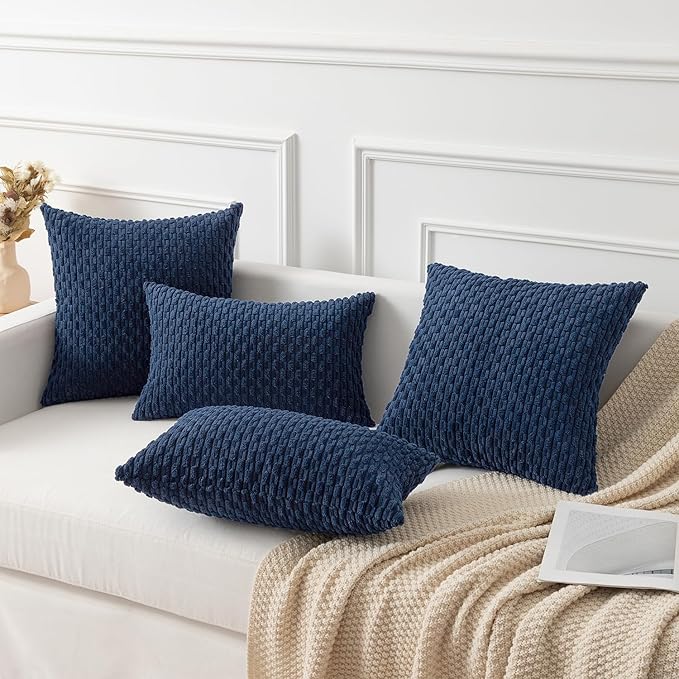 Kevin Textile Pillow Covers Decorative Set of 2 Striped Corduroy Plush Velvet Pillowcases Cushion Cover for Couch 18x18 Inch Navy Blue