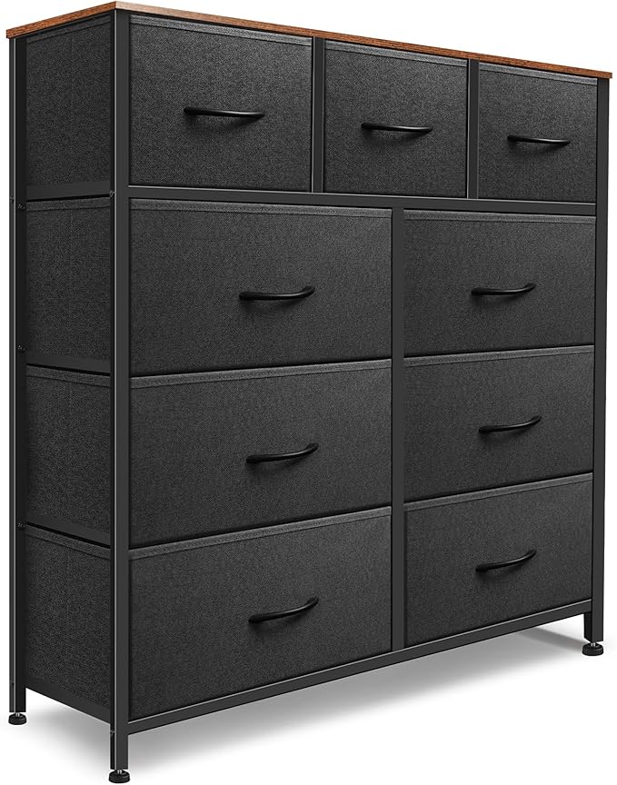 Dresser for Bedroom with 9 Drawers, Chest of Drawers, Storage Drawers Organizer Unit, Black Wide Fabric Dresser with Fabric Bins for Closet, Living Room, Entryway (Black and Rustic Brown)