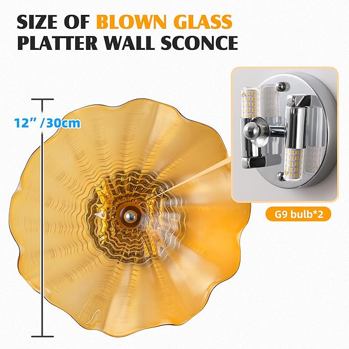 Hand Blown Glass Plate Wall Decor, Modern Unique Glass Wall Art, Lotus Leaf Plate Shape Wall Sconce with Transparent and Easy to Clean for Staircase, Living Room, Kitchen, Hallway (Yellow-1)