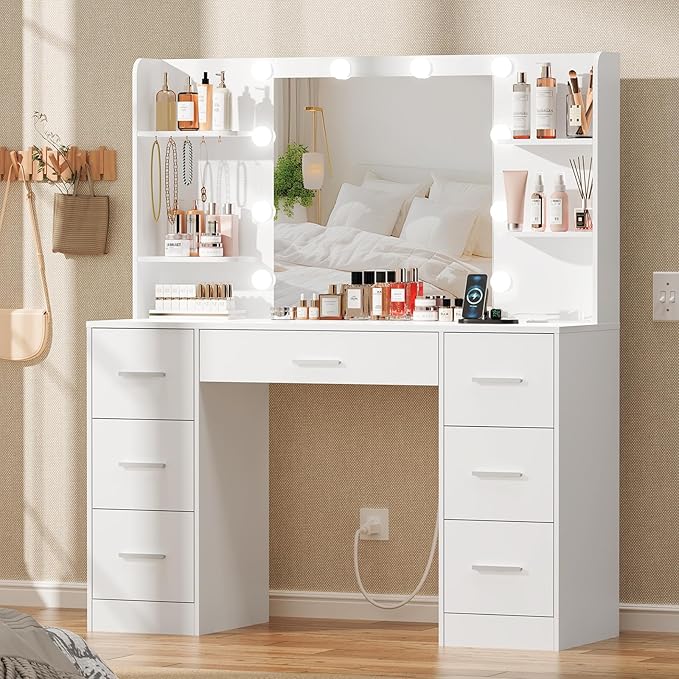 Quimoo Large Vanity Desk with LED Lighted Mirror & Power Outlet,Makeup Vanity Table with 7 Drawers,4 Shelves and 5 Hooks,Vanity Table, Vanity Desk Set for Bedroom,Bathroom,White