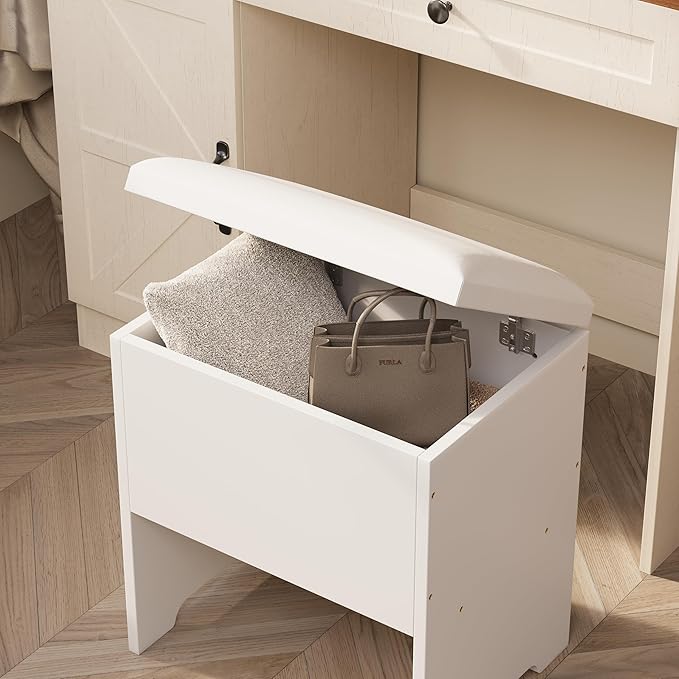 KAMABOKO Vanity Desk with Mirror, LED Lights and Power Outlet, Makeup Vanity Table with 2 Drawers and 3 Storage Shelves, Dressing Table w/Stools for Bedroom (White)