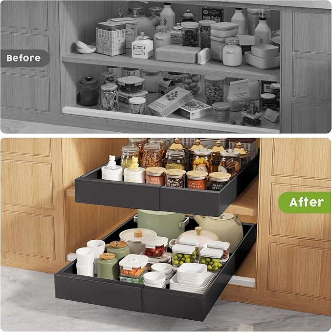 4 Pack Pull Out Cabinet Organizers 21" Deep With Raising Pad for Framed Cabinets, Expandable Width (9"-14") Slide Out Drawers Upgrade 3 Slide Rails, Roll Out Shelves Adhesive, Black