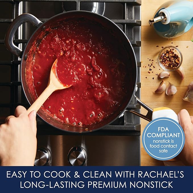 Rachael Ray Cook + Create Hard Anodized Nonstick Saucier Pan/Saucepan with Lid and Helper Handle, 4.5 Quart - Black