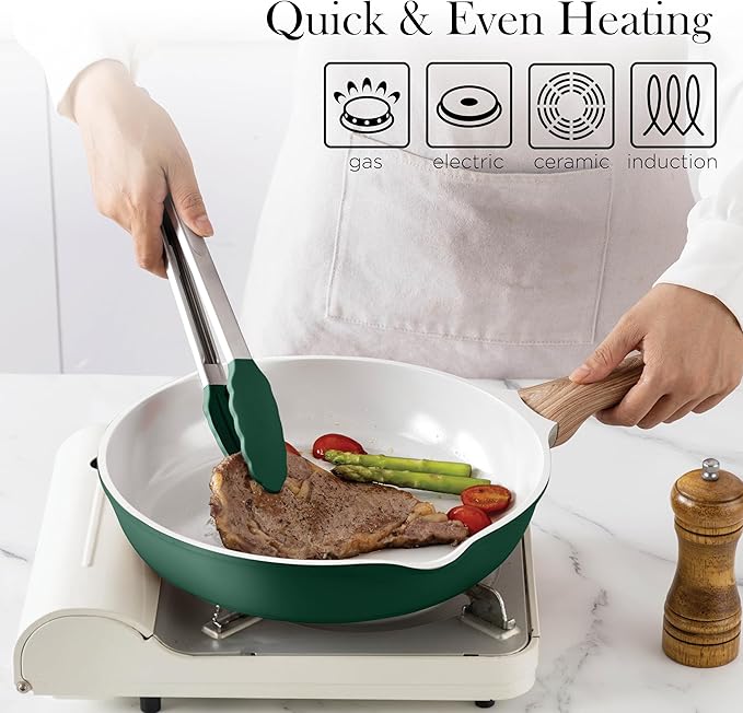 Country Kitchen Pots and Pans Set Nonstick, Cast Aluminum Kitchen Cookware Set with Utensils, 14 Pcs Non Stick Cooking Set w/Frying Pans & Saucepans, Sage