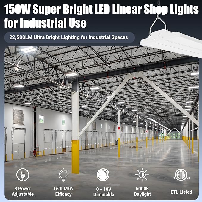 150W 2 Pack 2FT LED Linear High Bay Shop Light Fixture, Indoor Area Workshop Garage 5000K, Hanging Warehouse Lights, Industrial