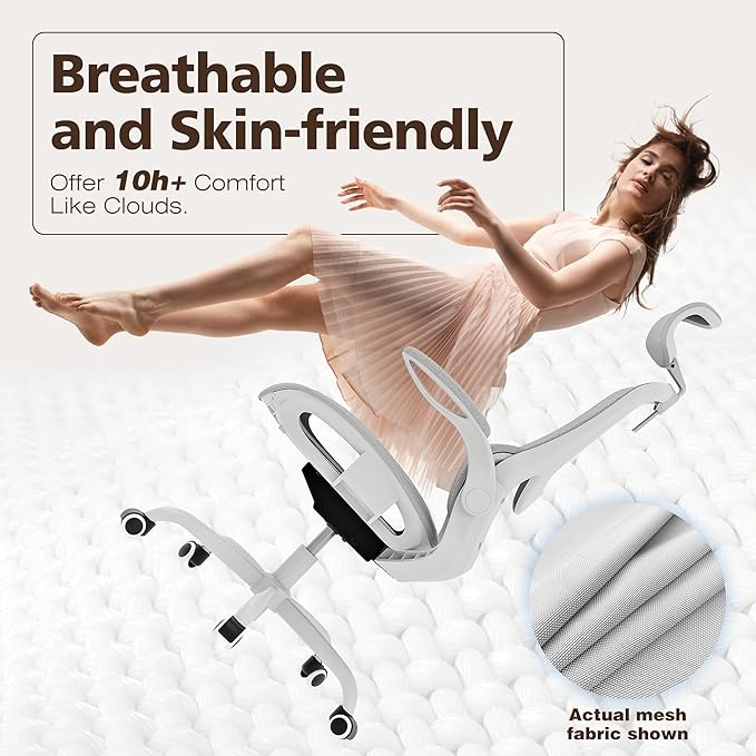 GABRYLLY Ergonomic Mesh Office Chair- White Desk Chair, Flip-Up Armrest, Adjustable Headrest, Tilting with Soft Seat and PU Wheel, Elite Home Desk Chair for Work, Study, Gaming (GY1108)