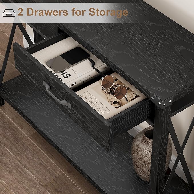 Klaesio 31-inch Side Table Suitable for Entrances, Hallways, and Living Rooms Two-Tier Narrow Sofa Side Table Industrial-Style Entrance Table with Drawers and Open Storage Shelves - Black
