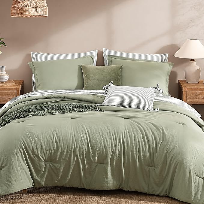 Monbix Queen Comforter Set - 7 Pieces Olive Green Prewashed Bed in a Bag Queen Bedding Sets with Comforters, All Seasons Down Alternative Comforter Bed Set with Sheets,Pillowcases & Shams