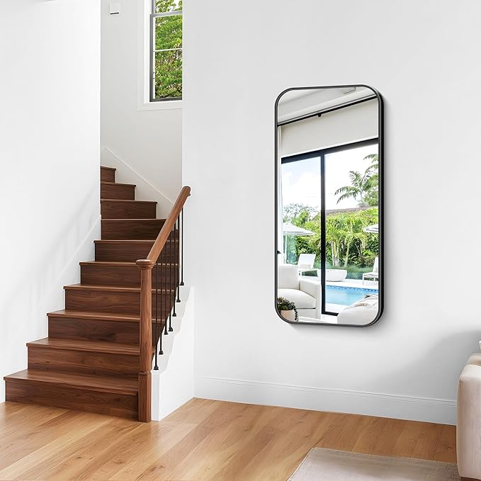 Bathroom Mirror, 48 x 24 inch Black Rectangle Wall Mirror, Metal Framed Rectangular Vanity Mirror, Rounded Corner Wall Mounted Mirror for Modern Bedroom Living Room Horizontal/Vertical