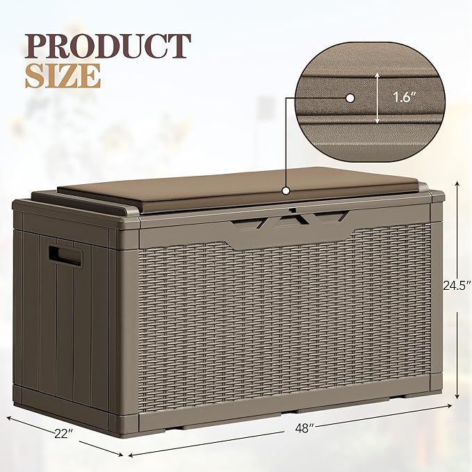 Greesum 100 Gallon Resin Deck Box Large Outdoor Storage Boxes with Cushions for Garden Tools, Patio Furniture Pillows, Pool Supplies, Light Coffee