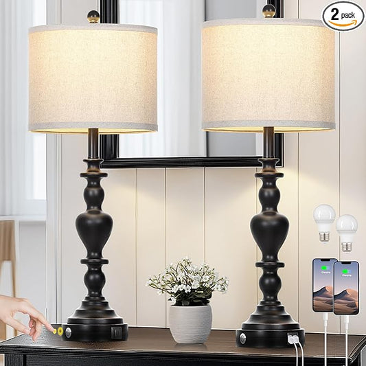 27" Farmhouse Vintage Lamps Set of 2 with USB C+A Charging Ports, Black Rustic Touch Control Table Lamp for Living Room, 3-Way Dimmable Traditional Nightstand Bedside Lamp Linen Washed for Bedroom