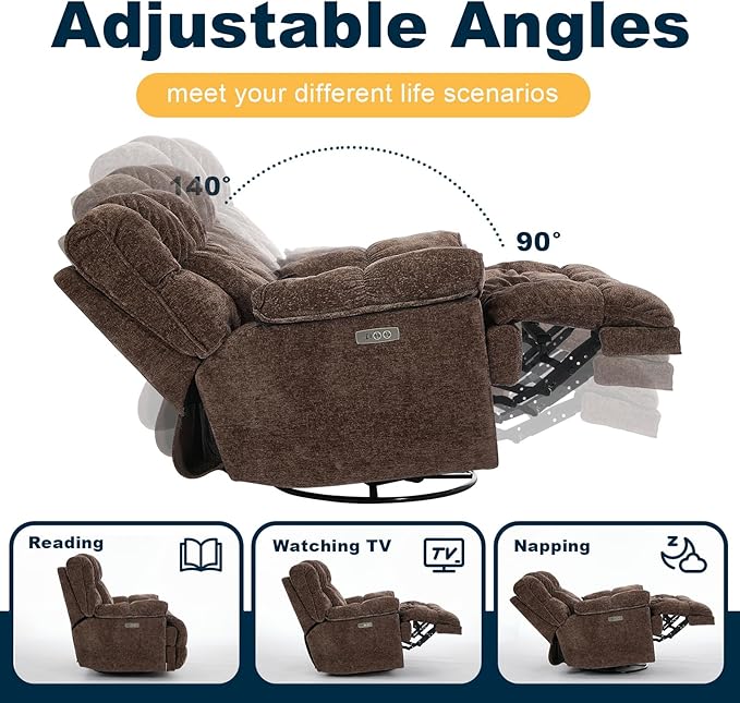 GINGO Power Oversized Recliner Chair, Extra Wide Swivel Rocking Recliner Chair, Breathable Soft Fabric Modern Single Sofa for Living Room, 90°-140° Electric Adjustable Angle, USB & Type-C Port, Brown