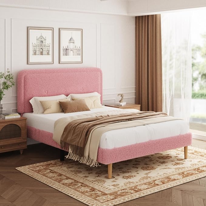 Full Size Boucle Platform Bed Frame, Anti-Collision Soft Rounded Corners, Adjustable Headboard, No Box Spring Needed, Easy Assembly, Noise Free, Pink