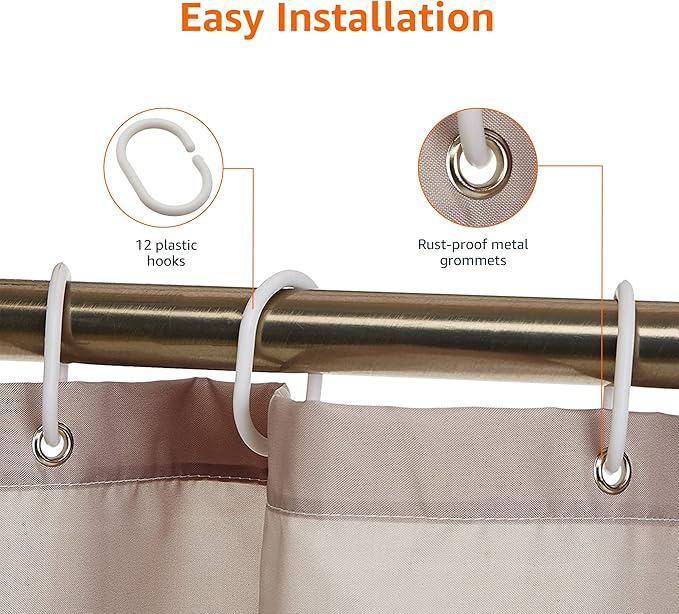 Amazon Basics Bathroom Shower Curtain, Water Resistant Fabric with Grommets & Hooks, Machine Washable, 72"x72", Light Brown, Beige