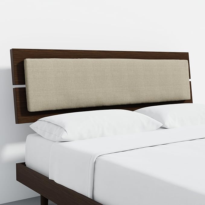Modern Solid Wood Platform Bed with Adjustable Headboard with Cushion – No Box Spring Needed,Fast Assembly – Queen Size in Walnut