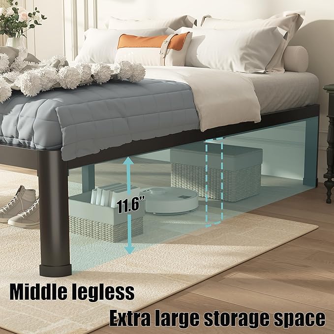 Full Bed Frame with Round Corner Edge Legs, 14 Inch Heavy Duty Support 3500 lbs Metal Platform Bed Frame Full Size, No Box Spring Needed/Noise Free/Non-Slip/Steel Slat Support