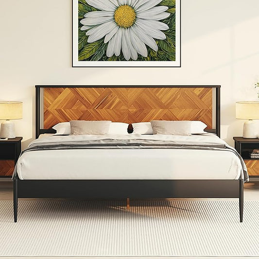 Lenia 14-Inch Queen Size Platform Bed Frame with Headboard – Heavy Duty Acacia Wood, Mid-Century Modern Style, 12 Slats for Support, No Box Spring Needed, Noise-Free, Easy Assembly, Teak Brown