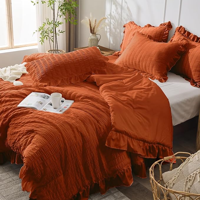JOLLYVOGUE Burnt Orange Twin Size Comforter Set, 2 Pieces Seersucker Lightweight Fluffy Bedding Set, Twin Ruffle Comforter, All Season Soft Microfiber Shabby Chic Bed Set